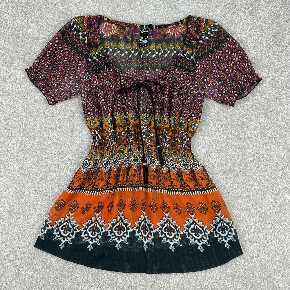 Y2k Guess XS Boho Peasant Top Sheer Metallic Smocked Waist Orange Geometric